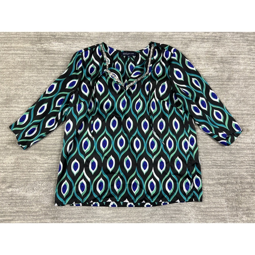 Jones New York Blouse Women M Green Blue Peacock Eye Print 3/4 Sleeve Split Neck